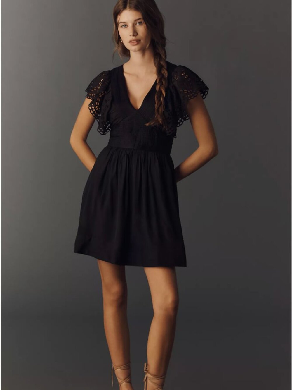 Anthropologie Black Eyelet-Sleeve Mini Dress